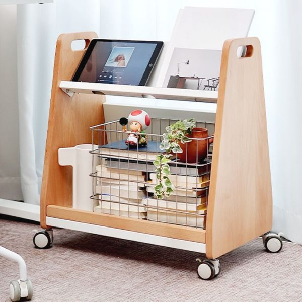 "Modern Kids Bookshelf Display Rack with Roller Wheels, 2 Shelves, Vertical Orientation, Closed Back, and Natural Wood Material"