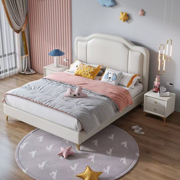 "Elegant White Contemporary Pine Wood Standard Kids Bed with PU Leather Headboard & Coir Mattress, Gender Neutral"