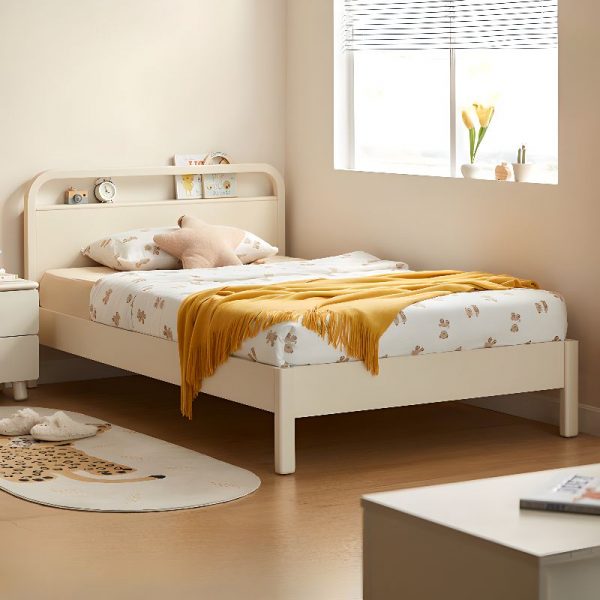 "Simple Beige Rubberwood Standard Children Bed with Mattress and Headboard for Gender Neutral"