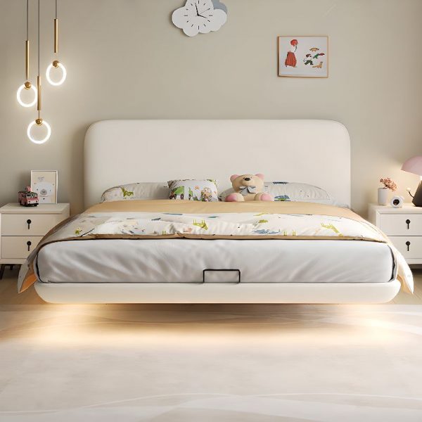 "White Art Deco Pine Wood Standard Children Bed with Leatherette Headboard and Coir Mattress for Gender Neutral"