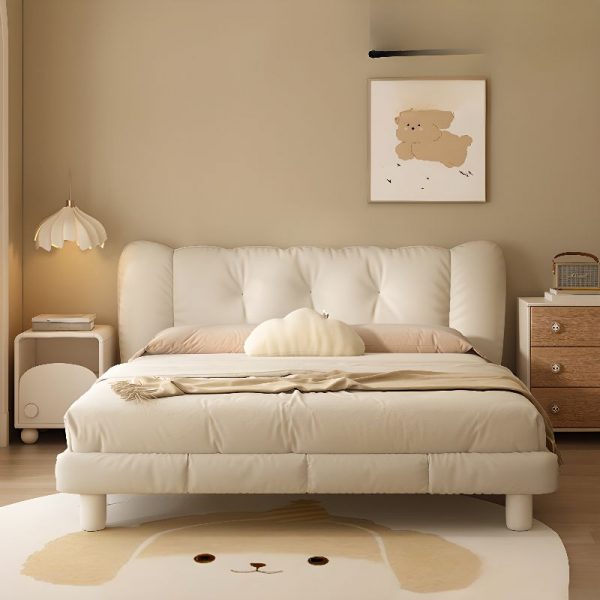 "White Rubberwood Standard Children Bed with Leatherette Upholstery, Headboard, Coir Mattress, Underbed Storage, Gender Neutral"
