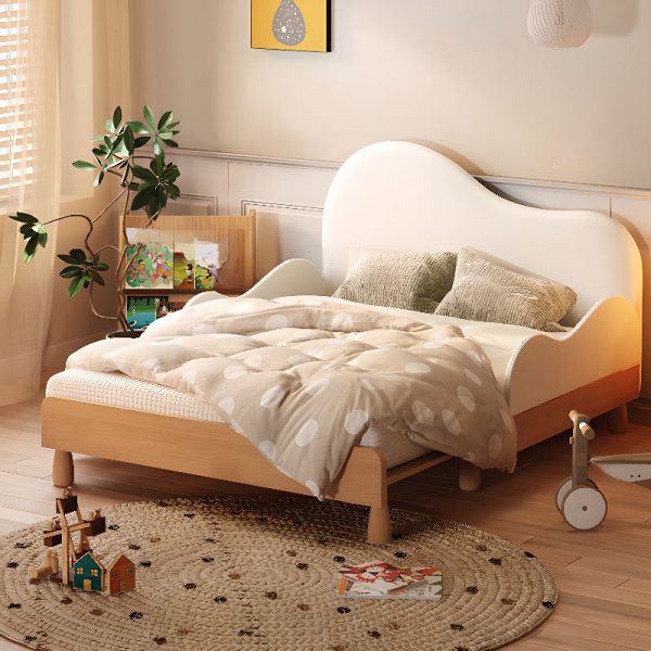 "Unfinished Color Minimalist Natural Wood Panel Standard Children Bed with Suede Upholstery, Headboard & Guardrail"