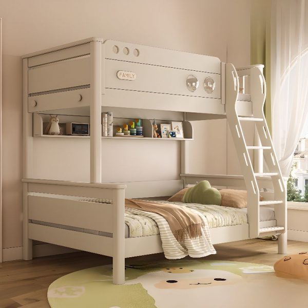 "White Natural Wood Children Bunk Bed with 6 Drawers, Underbed Storage, Book Cabinet, Stairs, and Guardrail"