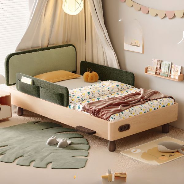 "Neutral Contemporary Standard Kids Bed in Wood Color with Natural Wood and Velvet-like Headboard Plus Either Side Guardrail"