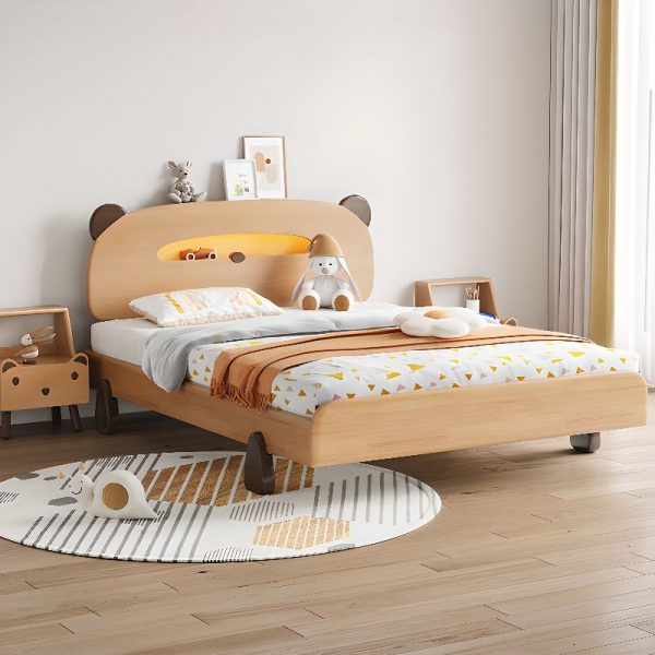 "Unfinished Color Natural Wood Standard Children Bed with Animal Theme, Coir Mattress, Headboard & Footboard for Gender Neutral"