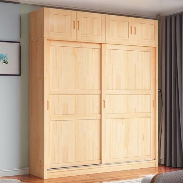 "Tan Lumber Children's Wardrobe with Shelf, Clothing Rod, and Door"