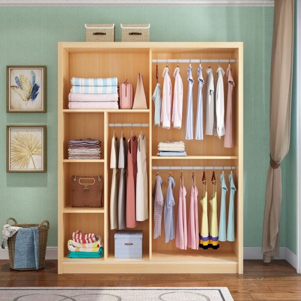 "Neutral Wood Tone Lumber Children's Wardrobe with Shelf, Clothing Rod, and Door"
