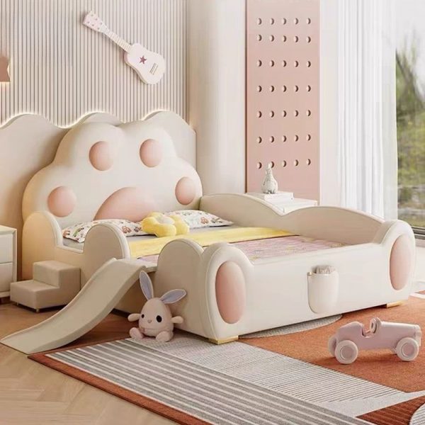"Chic Chalk/Peony Lumber Panel Standard Kids Bed with Pleather Upholstery, Slide, Guardrail & Headboard"