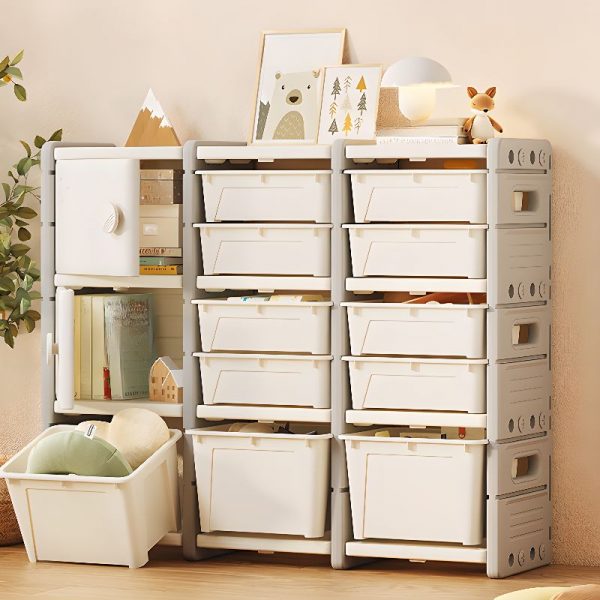 "Beige Synthetic Material Horizontal/Vertical Standard Kids Bookshelf Closed Back with 4 Shelves/3 Shelves, 2 Doors, 6 Bins/11 Bins/3 Boxes"