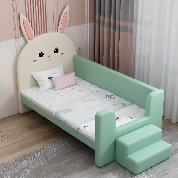 "Animals Pleather Standard Children Bed Upholstered Headboard, Ladder, Guardrail"