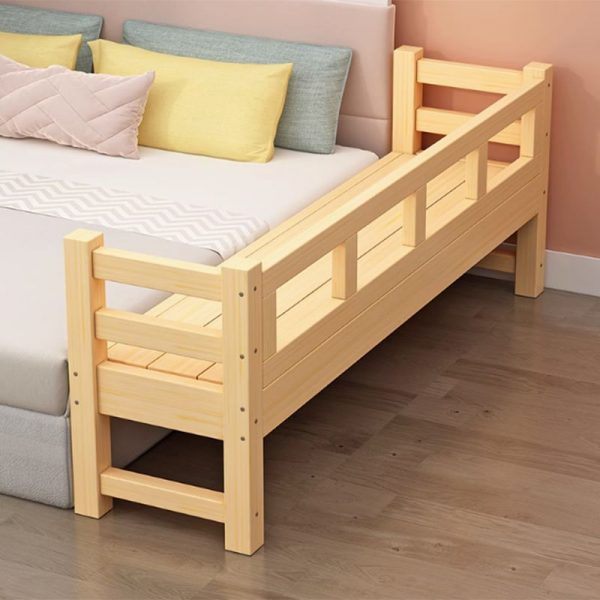 "Modern Pine Wood Standard Kids Bed in Wood Color with Coir Mattress and Guardrail for Gender Neutral"