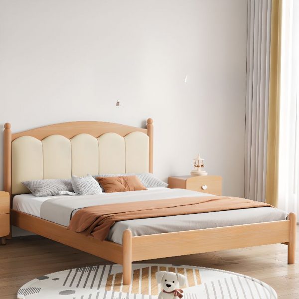 "Wood Grain Modish Natural Wood Standard Kids Bed with Pleather Headboard Coir Mattress Gender Neutral"