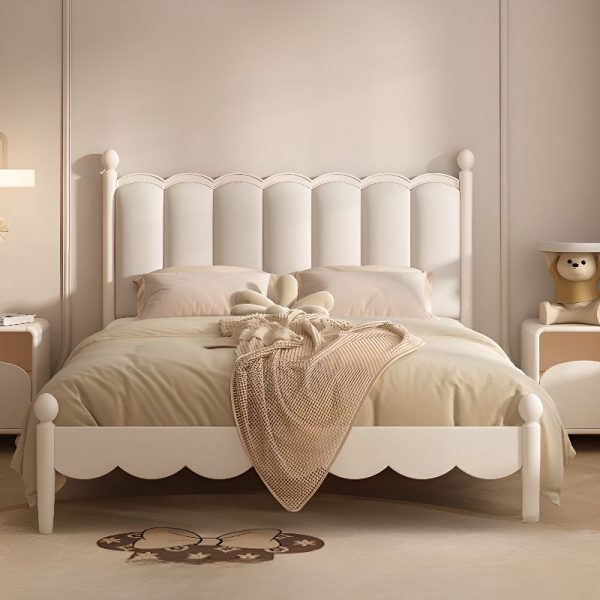 "Chalk-Colored Modern Teak Standard Kids Bed with Velvet-like Upholstery and Headboard for Gender Neutral"