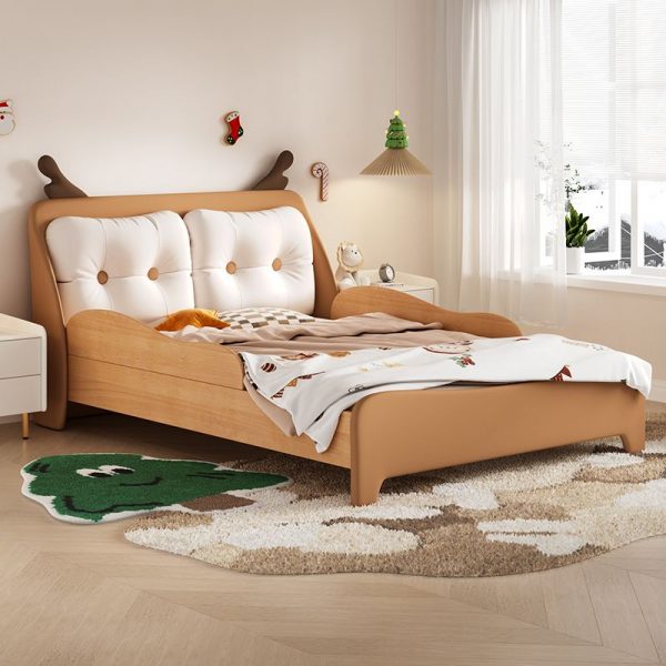 "Sepia Natural Wood Animals Theme Standard Kids Bed with Pleather Upholstery and Mattress, Includes Headboard and Guardrail"