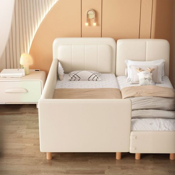 "Cream Timber Standard Kids Bed with Pleather Upholstery, Headboard, Footboard, Coir Mattress, and Guardrail"