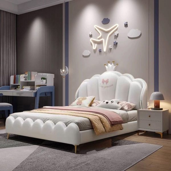 "Chalk Lumber Standard Kids Bed for Girl/Woman+, Princess Theme, with Pleather and Headboard, Coir Mattress"