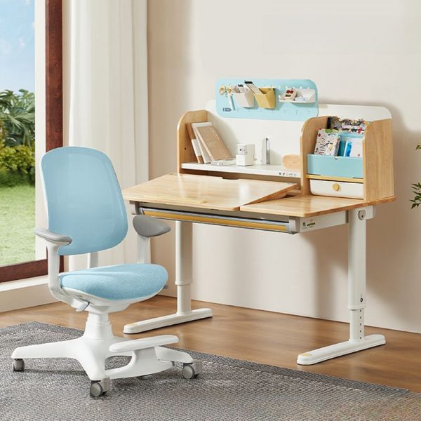 "Wood Grain Adjustable Kids Desk with Chair, Scratch-immune Surface, Shelf, Drawer, and Hutch"