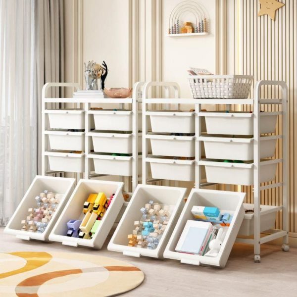 "White Polymer Compound Children Toy Organizer, Rotatable with Casters, Vertical Orientation, Closed Back, Standalone Installation"