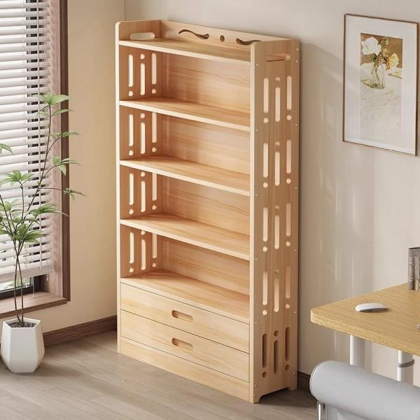 "Wood Color Simplistic Standard Children's Bookshelf, Multiple Shelves, Vertical Orientation, Closed Back, Timber Shelf, Standalone Installation"