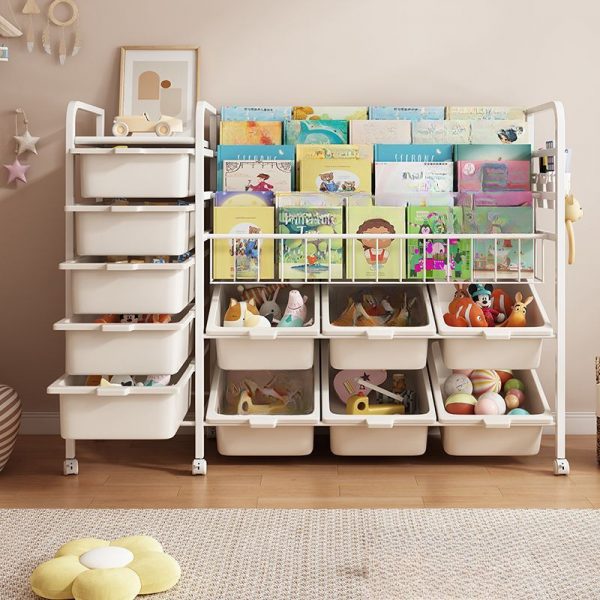 "White Fire-safe Standard Children's Bookshelf with Casters, Vertical/Horizontal Orientation, Iron Shelves, and Open Back"