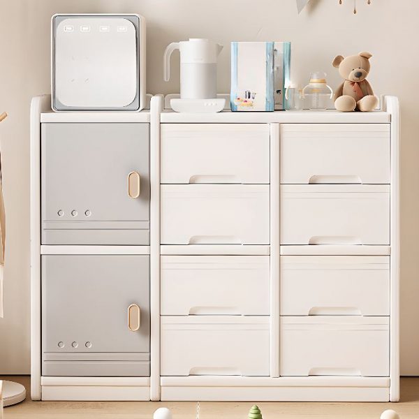 "White Standard Children's Bookshelf with 3 Polymerized Shelves, Horizontal/Vertical Orientation, 2/4 Doors, Scratch-tolerant"