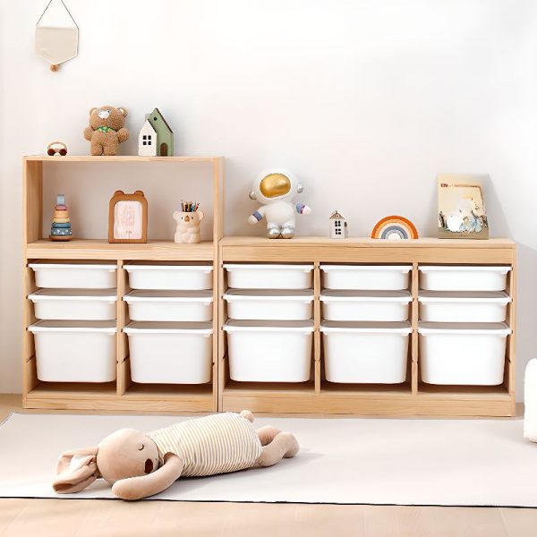 "Wood Color Standard Children's Bookshelf with 2 Natural Wood Shelves, Horizontal/Vertical, Open Back, Scratch-tolerant, Standalone"