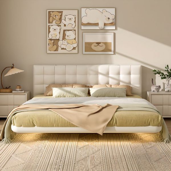 "Chalk Modern Timber Standard Kids Bed with Pleather Upholstery and Headboard Gender Neutral"
