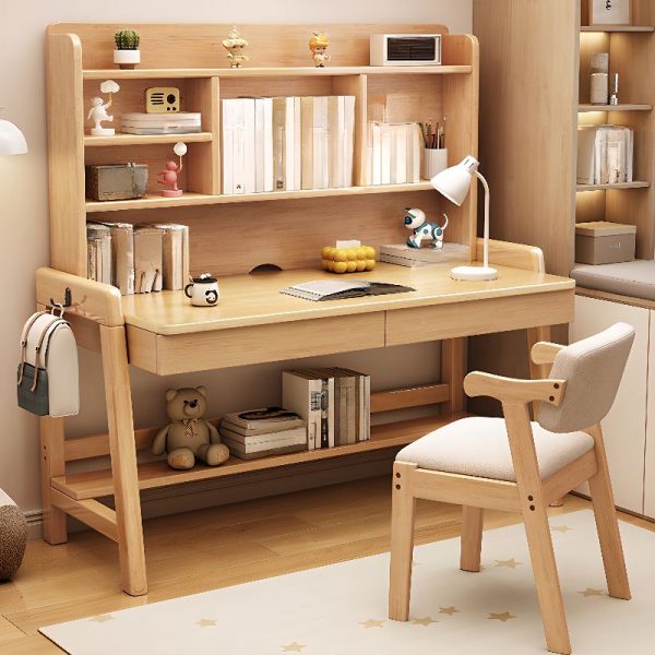 "Chalk/Carnation/Azure Height Adjustable Children Computer Desk with 4 Shelves, Hutch, Cable Management, Ergonomic Design, and Wood Drawer Glides"