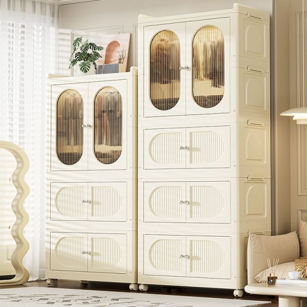 "Chalk-Colored Plastic Kids Armoire with Shelf, Clothing Rod, and Door"