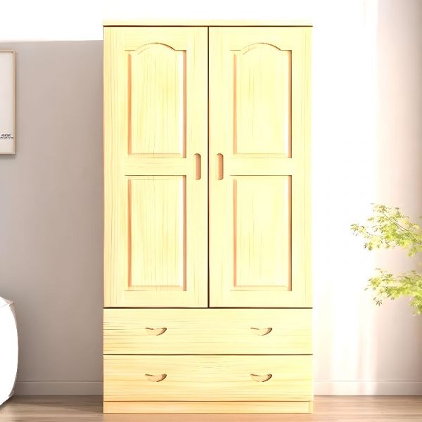 "Tan Lumber Kids Armoire with Shelf, Clothing Rod, and Door"