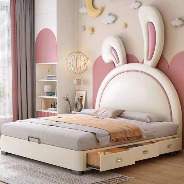 "Chalk Upholstered Animals Standard Kids Bed 3 Drawers with Container, Vinyl Leather Headboard"